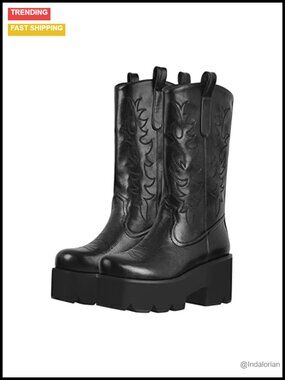 Women's Embroidered Mid Calf Cowboy Boots Pull-On Chunky Heel Wide Calf